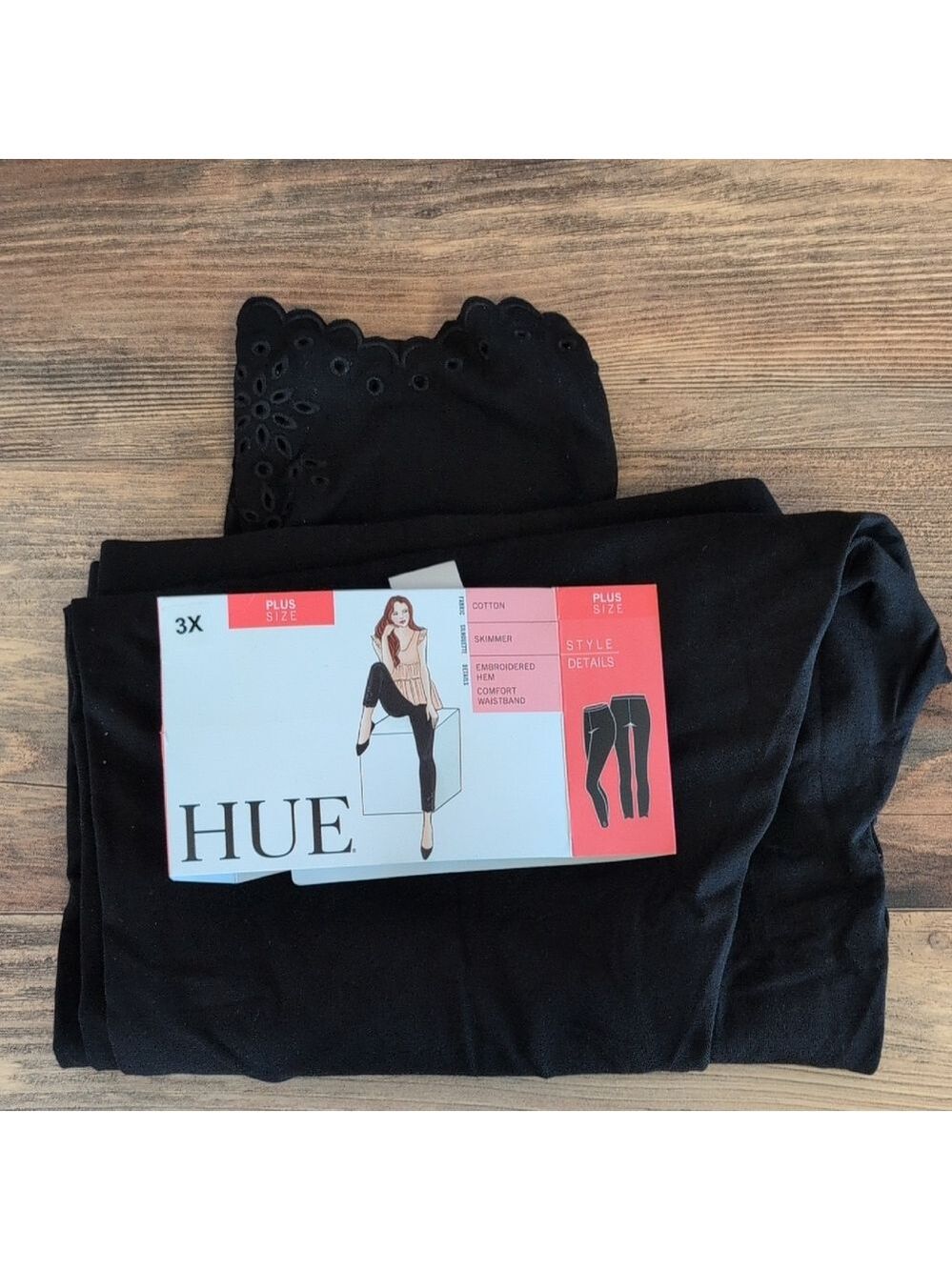 NWT HUE Black Plus Size Cotton Skimmer Embroidered Leggings 3X C351